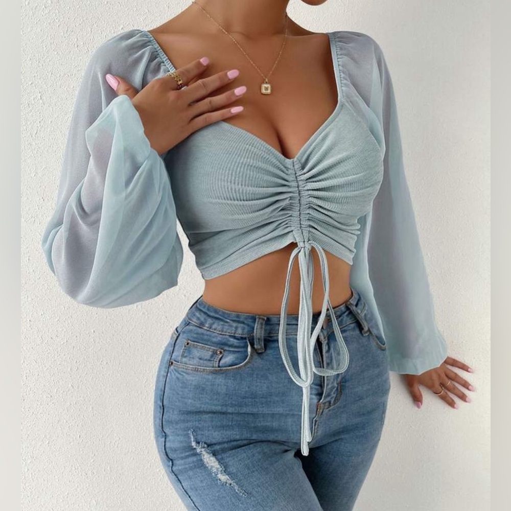 Blue Off-shoulders Sleeve Ruched Crop Top
